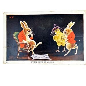 1900's Antique Post card Artist HH Herman Hanke Fantasy Dressed Rabbits